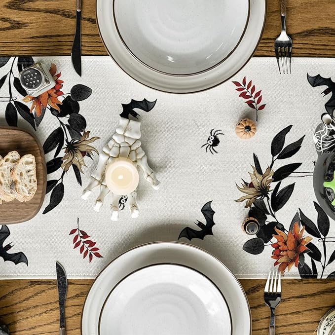 Artoid Mode Pumpkin Ghost Leaves Spider Web 210 GSM Halloween Table Runner, Spooky Kitchen Dining Table Decoration for Home Party Decor 13x36 Inch