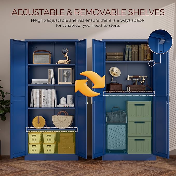 71" Metal Pantry Cabinet, Tall Kitchen Pantry Storage Cabinet with 4 Adjustable Shelves and Gold Handles, Blue Cupboard for Kitchen, Dining Room, Living Room