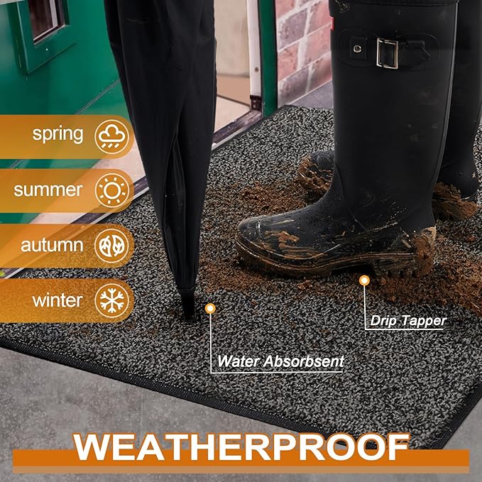 Mibao Front Door Mat, Dirt Trapper Welcome Mat for Outdoor Indoor, Non-Slip Waterproof Doormat, Durable Machine Washable Low Profile Entry Rug for Back Door Outside Patio Porch, 60" x 36", Grey
