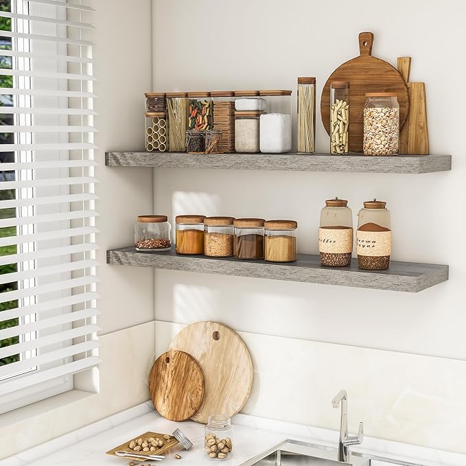 RICHFOCUS 48Inch Floating Shelves for Wall 2 Pack Shelves for Bedroom|Kitchen|Bathroom Wall Mounted Rustic Wood Floating Shelf with Invisible Brackets for Books|Storage|Decor, Grey