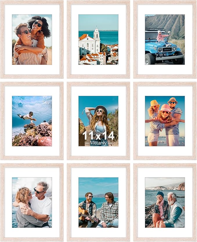 Vittanly 11x14 Picture Frames Set of 9, Shatter Resistant Plexiglass, Display 8x10 Pictures with Mat or 11x14 without Mat, Photo Frames for Wall or Tabletop, Engineered Wood, Rustic Pink