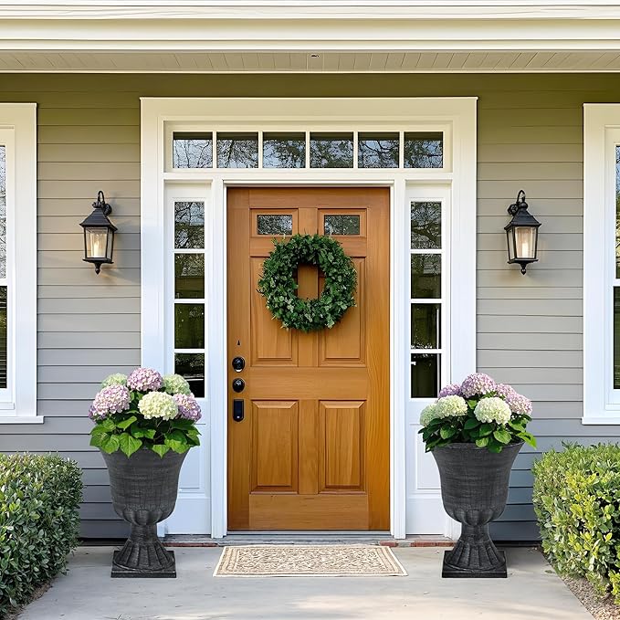 22" Timeless Urn Planters for Outdoor Plants, Set of 2 Plastic Large Flower Pot with Handmade Washed Black Finish, Weather-Resistant for Porch, Garden, Patio or Indoor Use