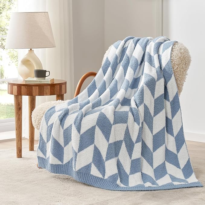 Snuggle Sac Twin Size Blue Blankets for Bed, Super Soft Warm Blankets Oversized Cozy Knit Fuzzy Blanket for Living Room, Chevron Blue,60x80 inches