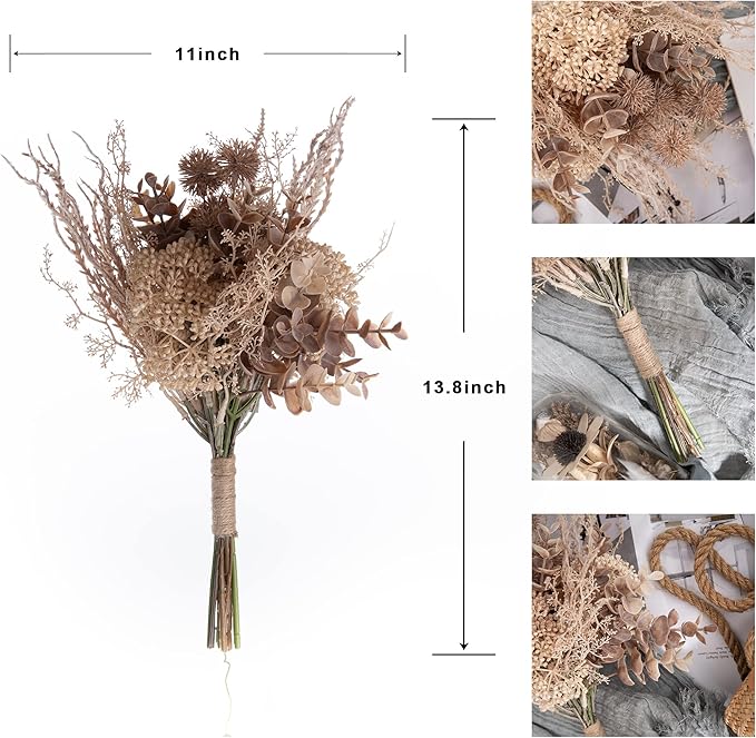 2 Pack Boho Artificial Flowers Plants Bouquet Decoration 13.8inch, Fake Plastic Brown Eucalyptus and Beige Grasses, Faux Floral Arrangement for Wedding Centerpieces Party Home Fall Decor