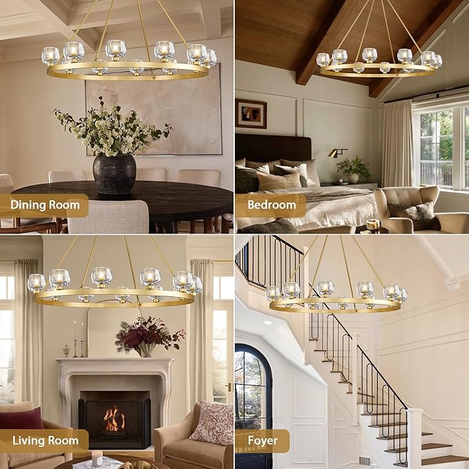 Gold Wagon Wheel Chandelier, 48 Inch Brass Chandeliers with Unique Glass Shade, 12-Light Crystal Large Wagon Wheel Chandeliers for Dining Room, High Ceiling Round Chandelier for Living Room, Foyer