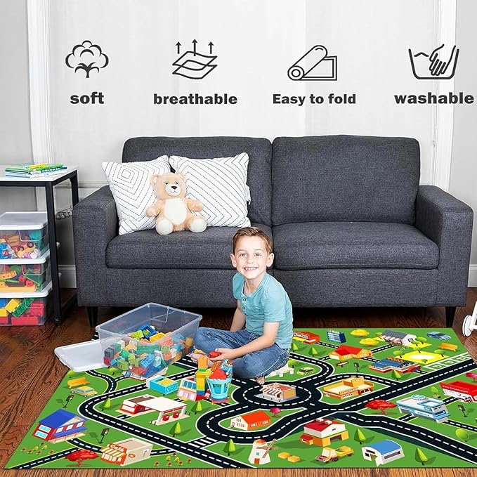 Kids Rug Car Rugs for Kids Toy Cars Play Mat with Rubber Backing City Life Road Rug for Cars Fun City Map for Carpet for Bedroom Boys (RED-Rug, 6.6x9.8ft)