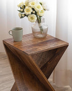 Modern Hand Made One-of-a-Kind Carved Mango Wood End Table, Farmhouse Side Table,Farmhouse End Table,Living Room,Bedroom, Accent Table, Contemporary Architectural Designed Natural