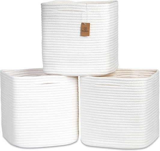 NaturalCozy 13 Inch Cube Storage Bins Cotton Rope Woven Baskets for Organizing 3-Pack | 13 x 13 Storage Cubes | Fabric Square Storage Baskets for Shelves Organizer, Kids Toy Bins, Closet Baby Nursery