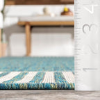 nuLOOM 4' x 6' Outdoor Area Rug, Casual Design With Striped Border, Stain Resistant, Highly Durable, For Patio, Balcony, Bedroom, Living Room, Dining Room, Bathroom, Teal