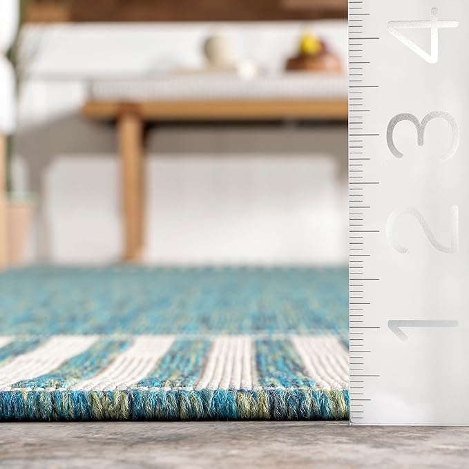 nuLOOM 5' x 8' Outdoor Area Rug, Casual Design With Striped Border, Stain Resistant, Highly Durable, For Patio, Balcony, Bedroom, Living Room, Dining Room, Bathroom, Teal