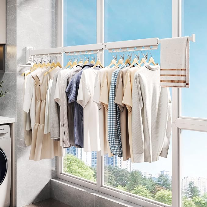 Wall Mounted Clothes Hanger,Clothes Drying Rack,Laundry Rack Wall Mount,Drying Rack Clothing,Clothes Rack Retractable,Collapsible(Tri-Fold), with Windproof Holes & Clips,White Color