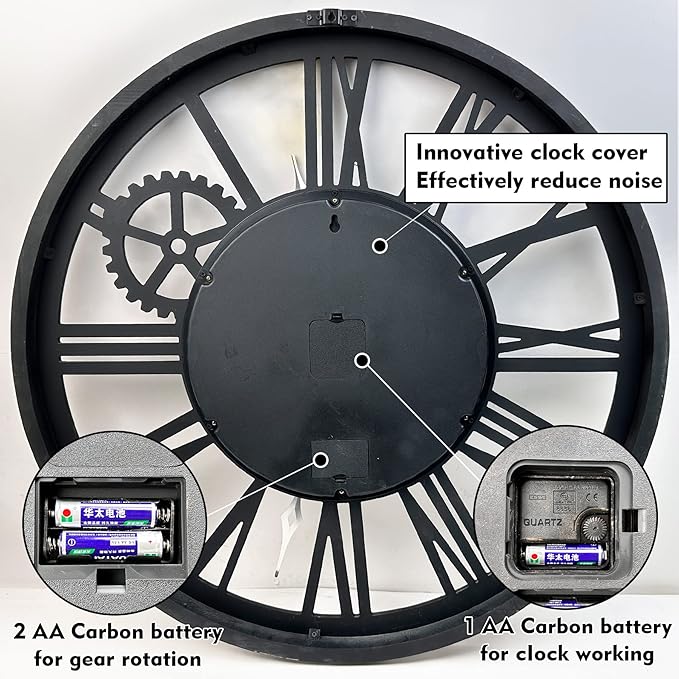 The B-Style Large Real Moving Gears Wall Clock 30 inch Rustic Retro Industrial Farmhouse Wood Clock Oversized Decorative Vintage Wall Clocks for Living Room (Carbon Gray)