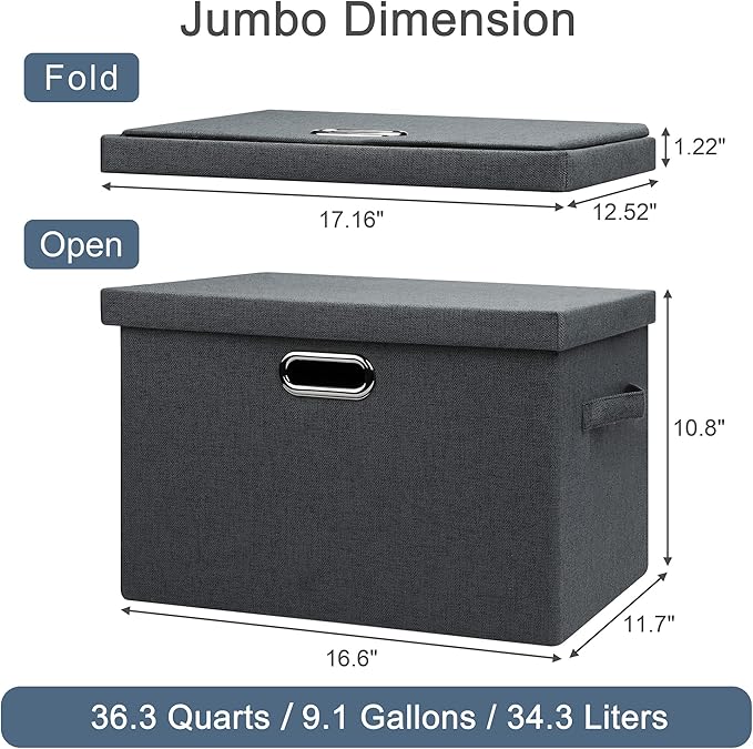 Large 17" 36 Quart Collapsible Stackable Storage Bins with Lids, 3 Packs Dark Gray Foldable Fabric Closet Storage Boxes with Lids, Heavy-duty Linen Cube Baskets(17x12x11)