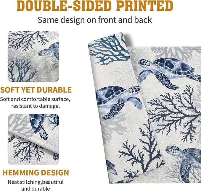 Coastal Beach Placemats Set of 4 Nautical Theme Coral Sea Turtle Navy Blue Place Mat 12x18 Inch Seasonal Summer Ocean Washable Linen Fabric Table Mats for Party Kitchen Dining Decoration