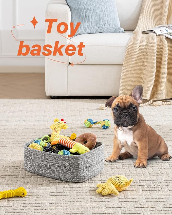 KALLAX Small Woven Basket, 13.5 x 9.5 x 5 Inches, Storage Basket for Organizing, Cute Small Rope Shelf Closet Cube Storage Bins Baskets for Shelves, Dog Toy Gift Baskets Empty, 3 Packs, Mixed Grey