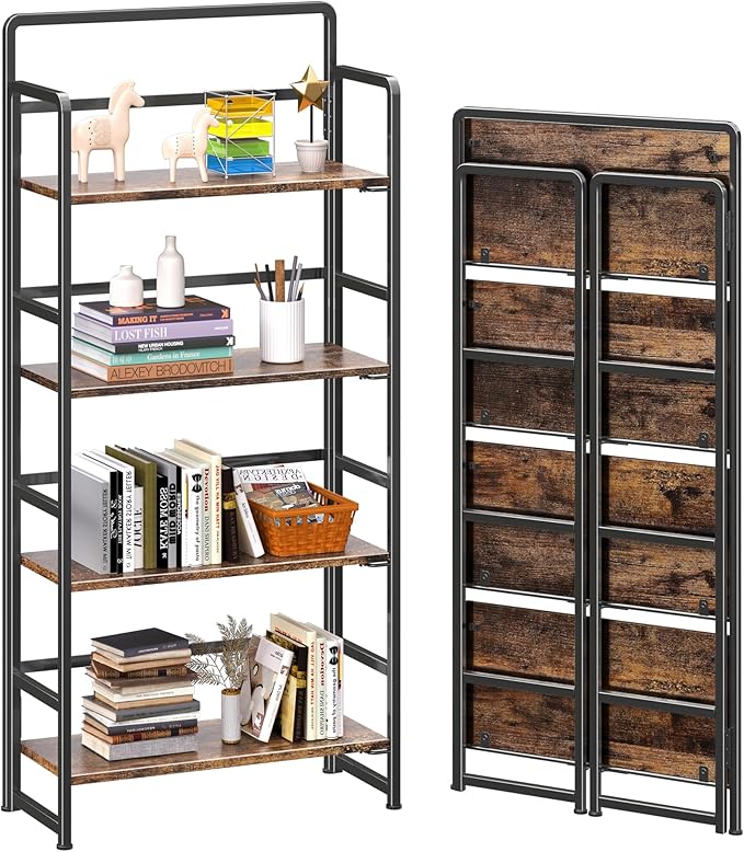 4NM No Assembly Foldable Bookshelf, 4-Shelf Collapsible Bookcase Storage for Small Spaces, 54" H, Rustic Brown and Black