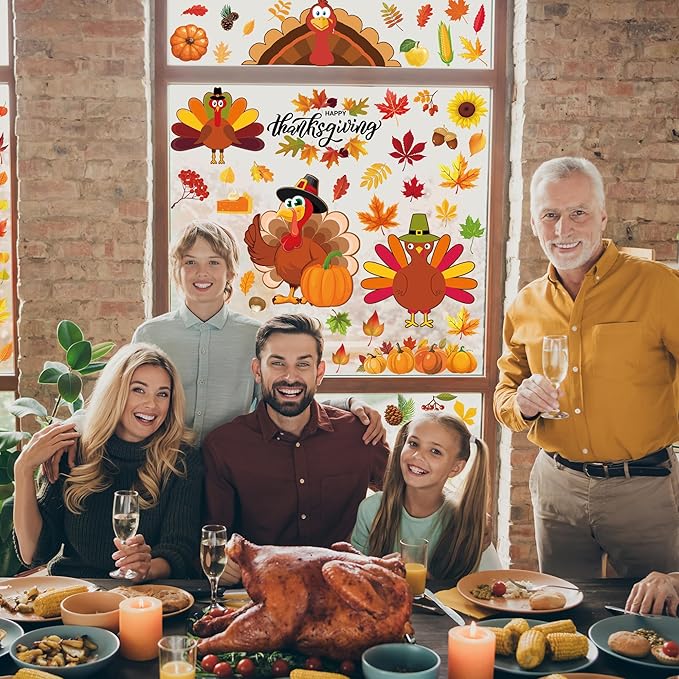 9 Sheets Thanksgiving Window Clings, 115PCS Thanksgiving Decorations Window Stickers, Turkey Decal Stickers with Cute Cones Nuts Maple Leaves Patterns for Fall Harvest Decorations Decor Accessories