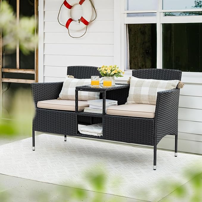 Flamaker Outdoor Furniture Patio Loveseat Wicker 2-Seat with Built-in Table and Cushions Rattan Porch Chairs Bench for Balcony, Lawn, Backyard (Beige)
