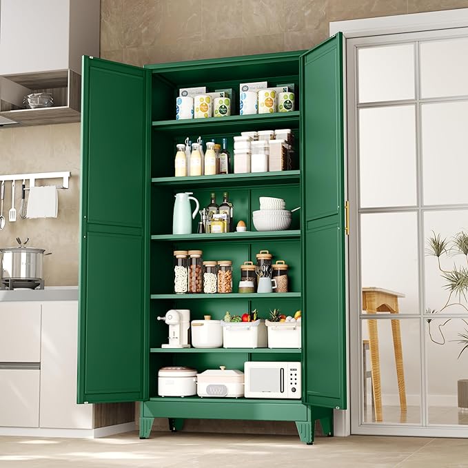Kitchen Pantry Storage Cabinet with Doors and Adjustable Shelves, Metal ClosetMaid Food Pantry Cabinets, 75" Tall Freestanding Cupboard for Kitchen, Laundry or Utility Room, Green