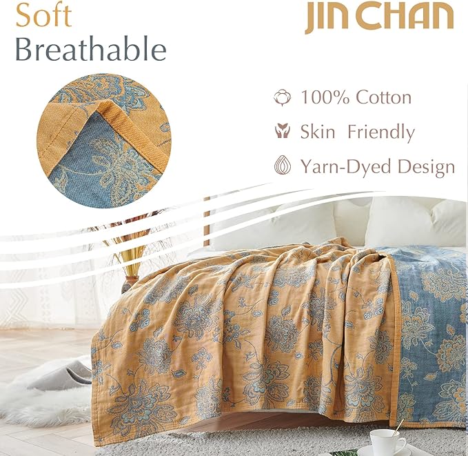jinchan Boho 100% Cotton Muslin Twin Size 50x60 Inches Blanket Lightweight 4-Layer Quilted Soft Yellow and Blue Floral Throw Blanket Reversible Comfy Flower Breathable All Seasons Couch Bedroom Decor