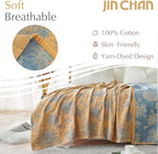 jinchan Boho 100% Cotton Muslin Twin Size 50x60 Inches Blanket Lightweight 4-Layer Quilted Soft Yellow and Blue Floral Throw Blanket Reversible Comfy Flower Breathable All Seasons Couch Bedroom Decor