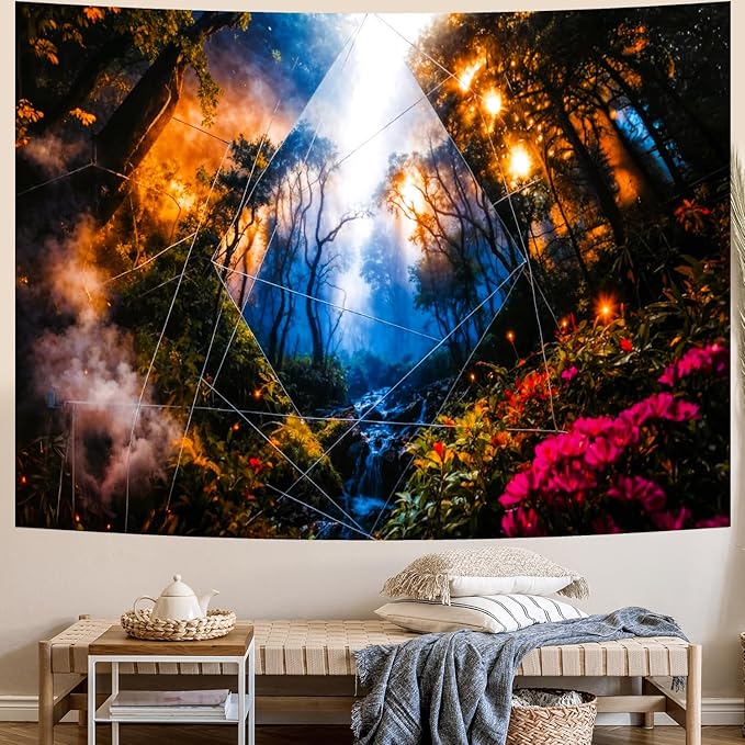 Delur Forest Tapestry Tree of Life Misty Tropical Rainforest Tapestry Wall Hanging Mystical Colorful Spiritual Psychedelic Nature Landscape Headboard for Bedroom Living Room Home Decor (51.2" x 59.1")