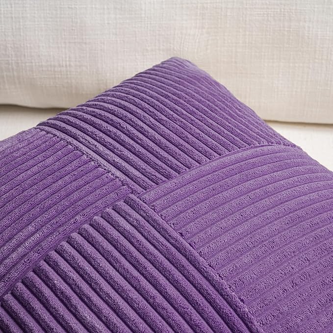 Fancy Homi 2 Packs Purple Decorative Throw Pillow Covers 22x22 Inch for Living Room Couch Bed, Farmhouse Boho Home Decor, Soft Corss Corduroy Patchwork Accent Square Cushion Case 55x55 cm