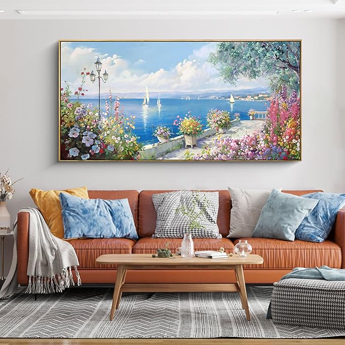 XLSJERST Large Coastal Wall Art - Ocean Seascape Canvas Yellow Green Flowers Painting Landscape Sailboat Picture Artwork Modern Large Framed for Living Room Bedroom Home Office Decor 58x29 Inches