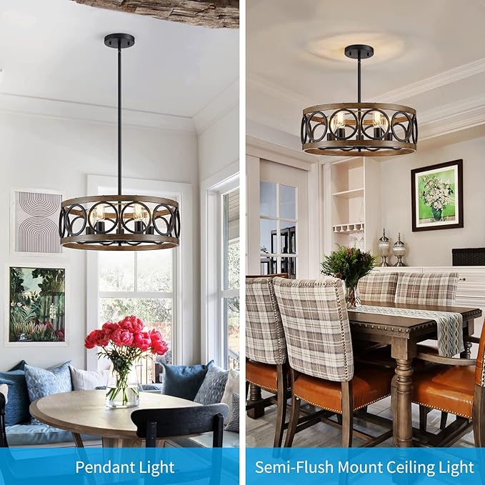 XINGQI 21.7'' Modern Chandelier, Farmhouse Drum Chandeliers for Dining Room Living Room Bedroom 5-Light Pendant Lighting Round Black Metal Antique Wood Grain Finish Adjustable