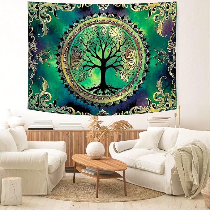 Delur Tree of Life Tapestry Green Nature Bohemian Mandala Spiritual Tapestry Wall Hanging Mystical Landscape Hippie Psychedelic Headboard for Bedroom Living Room Home Decor (70.8" x 92.5")
