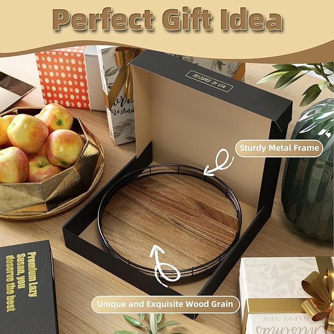 Acacia Wood 10" Lazy Susan Turntable Organizer for Table Top, Farmhouse Round Wooden Lazy Susan for Cabinet Kitchen Centerpieces Coffee Table, for Condiments Spices, Bathroom Vanity Tray Decor