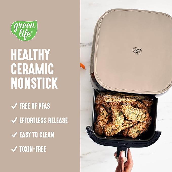 GreenLife Compact Electric Air Fryer Oven, 5.3 QT, PFAS-Free Ceramic Nonstick Drawer, 8 One Touch Digital Display, Easy View Window, Auto Shut-Off Timer, Dishwasher Safe Parts, 1500 Watts, Taupe
