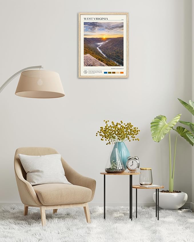 HesenDot Natural OAK Wood Framed West Virginia Wall Art,12x16in New River Gorge Quality Canvas Wall Print,Classic Urban Landmark Wall Decor for Living Room,Bedroom,Office Gallery Gifts Set of 1