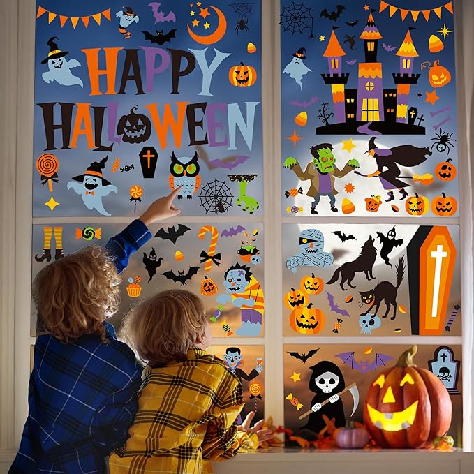 115PCS Halloween Window Clings, 9 Sheets Halloween Decorations, Cute Witch Tree Zombie Ghost Patterns PVC Window Stickers for Treat or Trick Party Favors Decal Supplies Decor Accessories