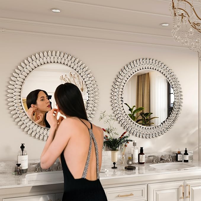 Kelly Miller Round Jeweled Mirror for Wall Decor, 32 in Modern Decorative Wall Mirror with Luxury Diamonds Beveled Vanity Mirror for Bedroom, Living Room, Bathroom, Hallway, Entryway, Fireplace