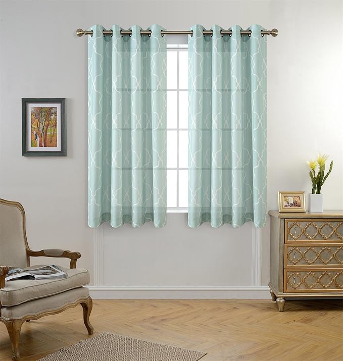 MIUCO Moroccan Embroidered Semi Sheer Curtains Faux Linen Grommet Window Panel Pair for Kitchen 52 x 63 Inch, Subtle Green