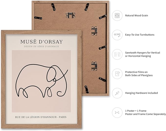 Poster Master Vintage Poster - Retro One Line Elephant Drawing Print - Elephant Art - Minimal Gift for Men, Women, Animal Lover - Abstract Wall Decor for Home, Office, 8x10 Beige Framed