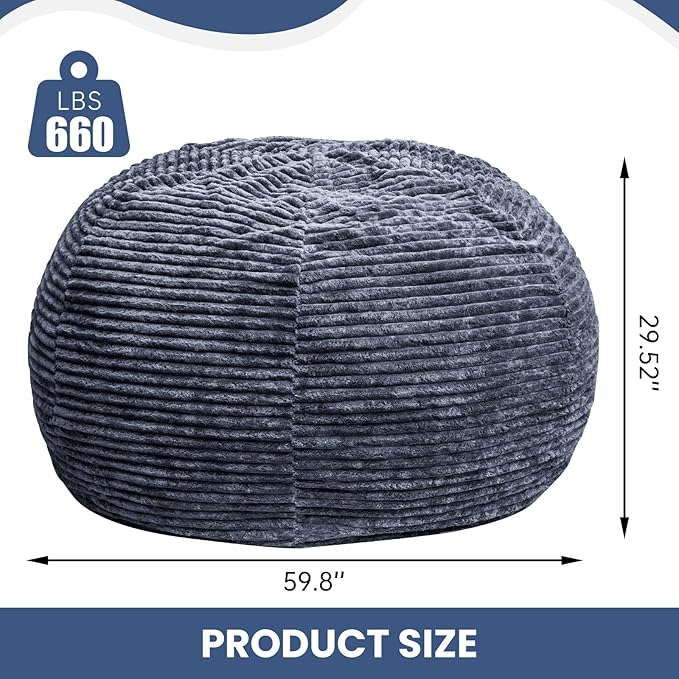 Large Bean Bag Chair, 6FT Giant Beanbag Chairs with Memory Foam Filled, Bean Bag Chairs for Adults, Ultra Soft Lazy Sofa for Living Room Bedroom (Grey)