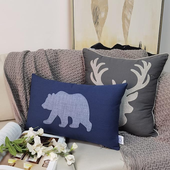 Lumbar Pillow Covers 12x20 Inches Bear Decorative Cotton Linen Throw Lumbar Waist Embroidered Cushions Covers for Couch Sofa Bedroom (Blue)