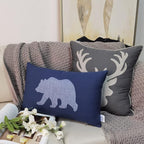 Lumbar Pillow Covers 12x20 Inches Bear Decorative Cotton Linen Throw Lumbar Waist Embroidered Cushions Covers for Couch Sofa Bedroom (Blue)