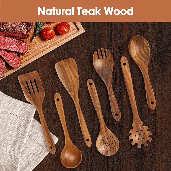 comfoyar Teak Wooden Spoons for Cooking, 7 Pieces Kitchen Cooking Utenails Set with Spatula and Ladle, Heat Resistant Kitchen Cookware for Nonstick Pan
