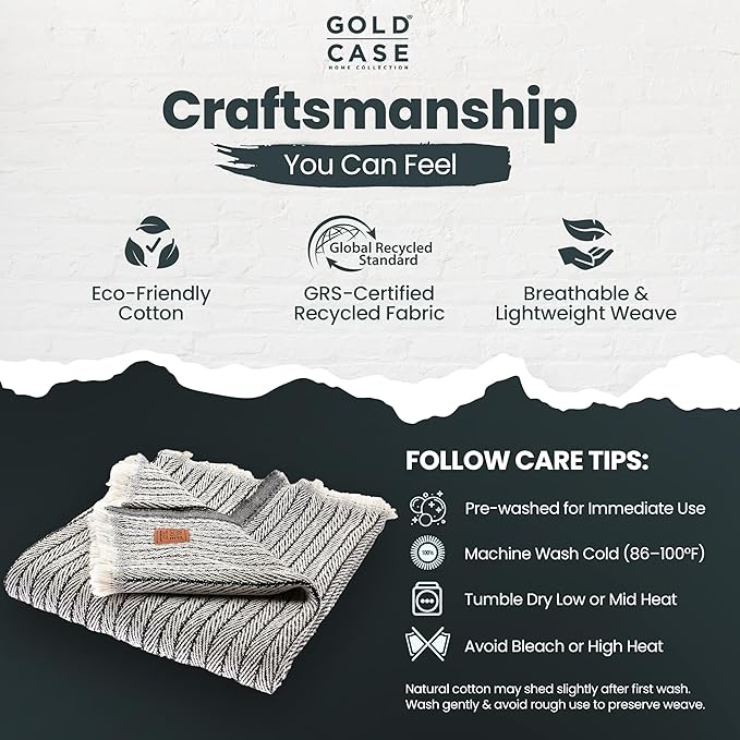 Gold Case Throw Blanket for Couch – 100% Recycled Turkish Cotton Blankets & Throws – Elegant Decorative Throw Blankets for Living Room Sofa – Woven Throws for Couch – Retro Black – 50x60