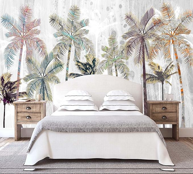 Hand Painted Coconut Tree Wallpaper Bedroom Tropical Plants Leaves Landscape Wall Mural Living Room (Not Peel and Stick)