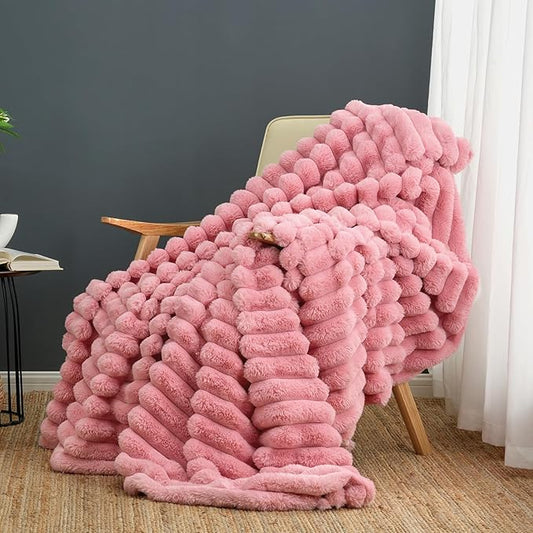 Cozy Bliss Faux Fur Throw Blanket for Couch, Cozy Warm Plush Striped Blanket for Sofa Bedroom Living Room,50 * 60 Inches Hot Pink