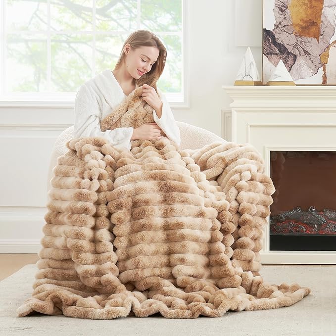 Cozy Bliss Faux Fur Throw Blanket for Couch, Cozy Warm Plush Striped Blanket for Sofa Bedroom Living Room, 60 * 80 Inches Tie-dye Kahki