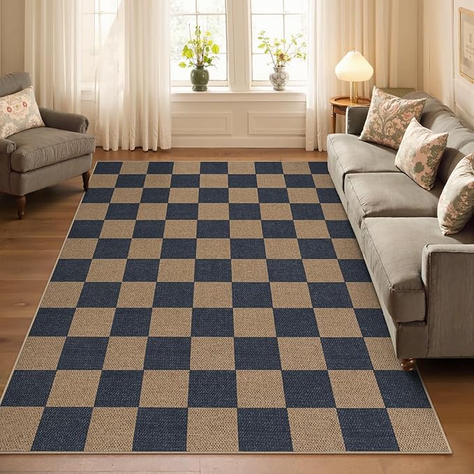 Lahome Checkered Easy Jute Living Room Rugs, 5x7 Dining Room Office Rug Farmhouse Outdoor Patio Carpet, Checkerboard Washable Non Slip Indoor Outdoor Blue Carpet for Backyard Entry Deck