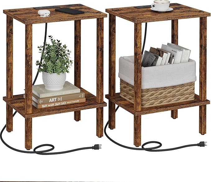 TUTOTAK End Table with Charging Station, Set of 2, Small Side Table with Outlets, Nightstand Bedside Table, 2-Tier Storage Shelf for Small Space, Living Room, Bedroom Brown TB01BB041C