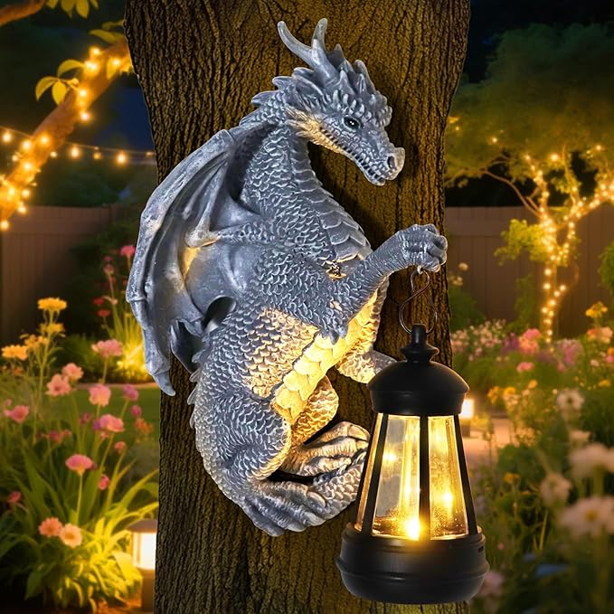 Garden Statues Tree Hugger Dragon - Halloween Dragon Statue Solar Lights Outdoor Patio Wall Decor,Christmas& Mothers Day&Birthday Gifts for Grandma Mom Women,Ideas Arts Crafts Waterproof Resin Lantern