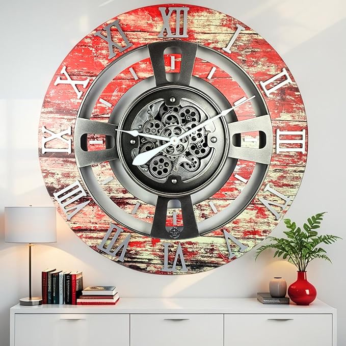 The Gears Clock Real Moving Gear Wall Clock England Line (Red Lava, 36 inches (90 cm))