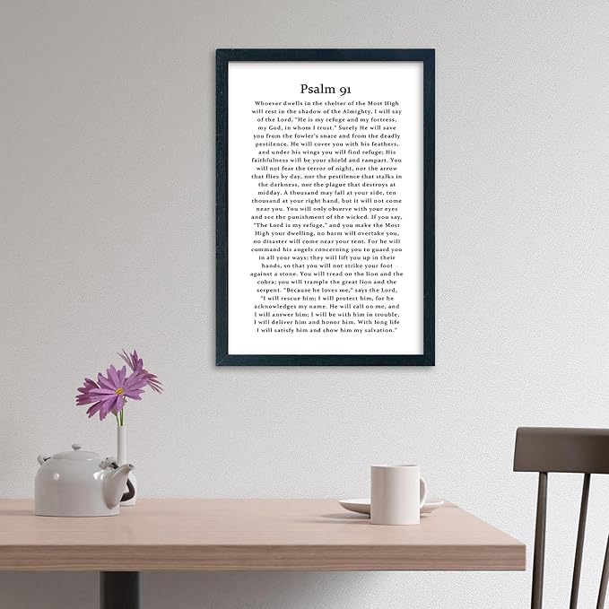 LuZhiQiang Psalm 91 Scripture Wall Art 16"×11" Bible Verse Christian Inspirational Sign Wood Framed Wall Hanging Decor (Black)
